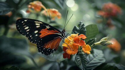 A beautiful butterfly with orange and black wings rests on orange flowers.