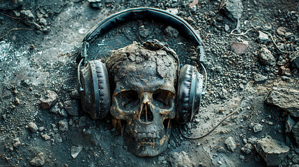 Wall Mural - Dirty Broken Skull in the Dirt wearing Old Worn Headphones.