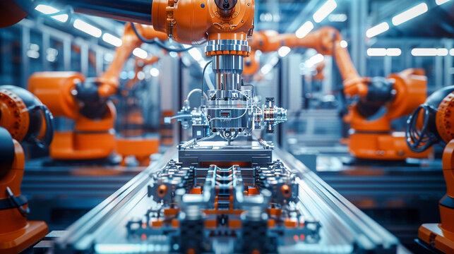 An industrial robot controlled by artificial intelligence assembling parts on a production line in a factory. Industry, technology, artificial intelligence.