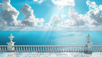 Wall Mural - a white marble balcony with railings against the backdrop of a pristine blue sky and sea, adorned with fluffy white clouds, overlooking the expansive ocean.