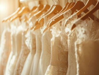 Wall Mural - Gorgeous and sophisticated bridal dress elegantly displayed on hangers. Array of wedding dresses hanging in a boutique bridal shop salon. Blurred background in beige tones and sunlight.