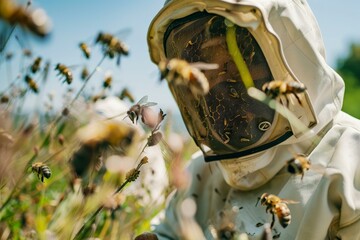 Wall Mural - Beekeeper wearing a protective suit is surrounded by honey bees while working in a field