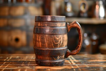 wooden beer mug standing on a table in a rustic pub setting