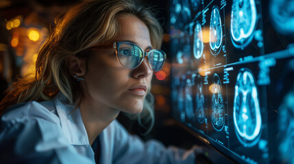 A woman in a white coat watches holographic brain scans displayed on a screen at a medical conference.