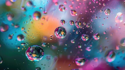 Wall Mural - drops of water on a glass surface reflecting colors. Macro image