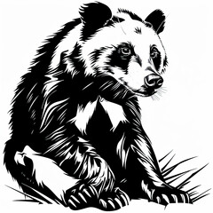 Wall Mural - A black and white drawing of a bear sitting in the grass