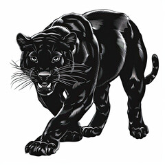 Wall Mural - A black panther is walking on a white background