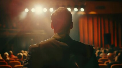 Poster - Man stands in front of crowd of people in theater