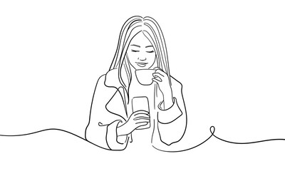 Wall Mural - Girl drinks coffee and enjoys continuous line art drawing isolated on white background. Vector illustration