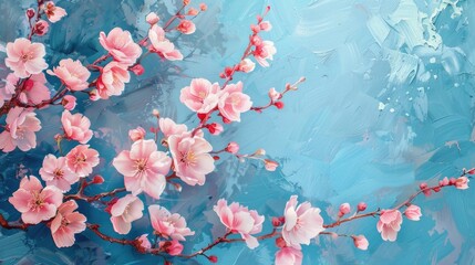Wall Mural - Pink spring blossoms on blue backdrop
