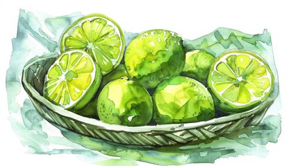 Fresh green limes in a brown bowl.