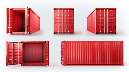 A set of blue shipping containers seen from different angles. Closed and open containers, highlighting the structural details and spacious interior. Ideal for cargo transportation, storage and modular