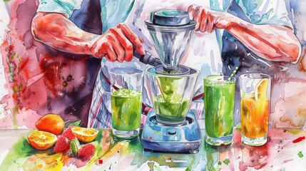 Watercolor painting of woman making healthy fruit and vegetable smoothie in the blender.