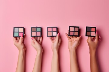 Five hands holding colorful eyeshadow palettes against a pink background, showcasing a variety of shades. Perfect for beauty, makeup, and cosmetics promotional designs.