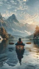 Wall Mural - Man in red life jacket paddles canoe on lake in mountains