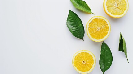 Wall Mural - Lemon half with leaves on a white background