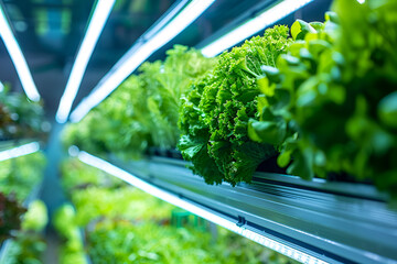 Wall Mural - Vertical farm facility, showcasing rows of leafy greens and herbs growing vertically in stacked layers under artificial lighting, sustainable farming practices for urban agriculture food production