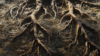 Tree roots in soil close up, underground texture, generative AI illustration