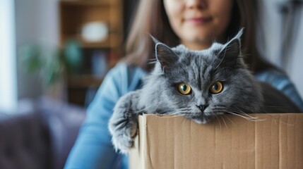 Wall Mural - A woman is holding a cardboard box with a cat inside