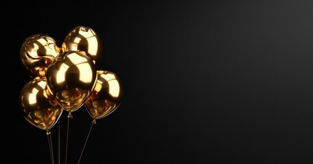 Gold balloons on a black background, minimalistic, banner with copy space area in the style of minimalistic Generative AI