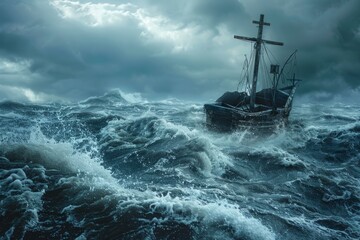 Old sailboat is sailing on a stormy sea with big waves during a hurricane