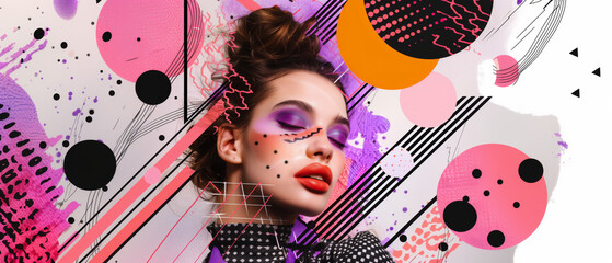 womans eyes closed with purple makeup on the eyelids in a world of abstract art, fashion portrait of a young woman for a makeup brand, colorful shapes, patterns, and textures