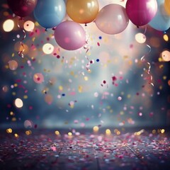 Wall Mural - Party background with lights banner, balloons mockup, confetti pattern, serpentine banner, festive sale