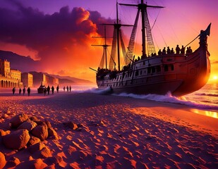 Wall Mural - AI generated illustration of a historic sailing ship approaches a vibrant sunset-lit beach