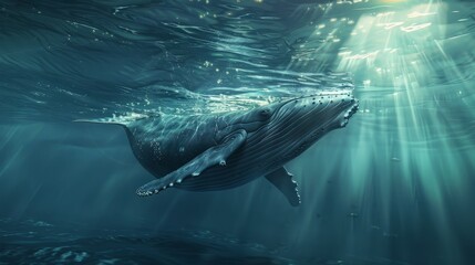 Wall Mural - Humpback whale is swimming through camera. Close up shot of A Big Humpback whale is swimming beneath the surface of the water with sunlight rays. Scene with fish concept. 3D Render. hyper realistic 