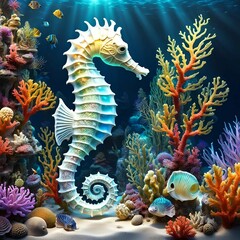 Wall Mural - AI generated illustration of a vibrant underwater scene featuring a seahorse