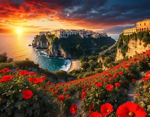 Wall Mural - AI generated illustration of a scenic view of Tropea, Italy with vibrant red flowers, cliffs