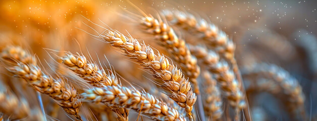 Macro closeup photo of wheat seeds in field glowing with natural sunshine