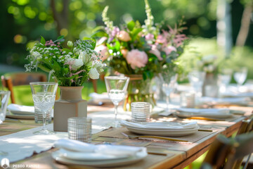 Wall Mural - Close up detail shot of a rustic boho style decorated wedding reception table