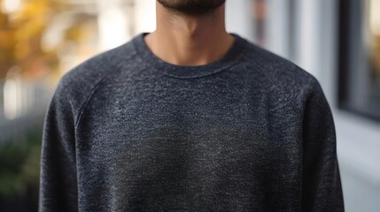 A man is wearing a black sweater with a white stripe