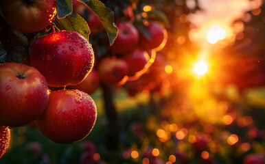 Wall Mural - A bunch of red apples hanging from a tree. The sun is setting in the background. The apples are wet from the dew
