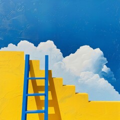 Step ladder leading to clouds. Minimal blue and yellow compostition. Job ID: 6fef2fa8-8c4d-44e5-afa5-85543fa6f325