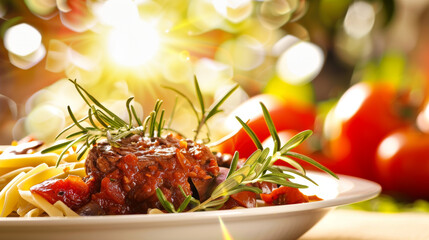 sunlit plate of pasta with meat sauce and fresh herbs in garden setting