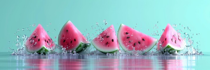 Wall Mural - Abstract 3d watermelon on water splash in light pastel green minimalist style background, wide banner