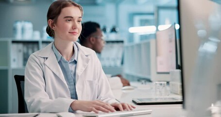 Sticker - Computer, research and science with woman in laboratory, typing report for discovery or experiment. Healthcare, medicine and pharmaceuticals with scientist in office for development or innovation