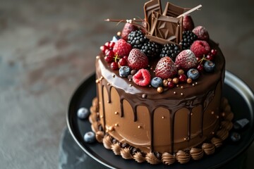 Wall Mural - Delicious chocolate cake decorated with chocolate slices, strawberries, blueberries, raspberries and blackberries