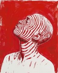 Wall Mural - A red and white painting of a man with a striped face
