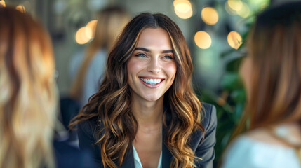 Wall Mural - Joyful young professional woman grinning in a team meeting