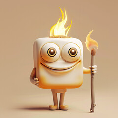 Canvas Print - Cute Cartoon Campfire Marshmallow Character with Big Eyes