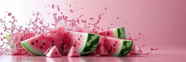 Wall Mural - Minimalist 3d watermelon splash concept in abstract light red background for artistic design, wide banner, empty space
