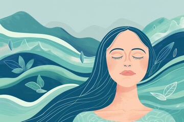 Wall Mural - A woman is floating in a body of water, with her head resting on her hand