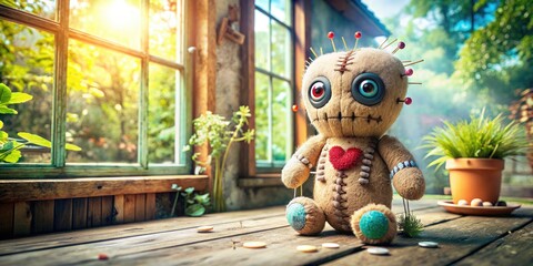 Voodoo Doll Sitting On Wooden Floor In Sunlit Greenhouse. Generative AI