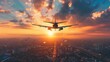 © Aliaksandr Siamko - A plane is flying over a city at sunset