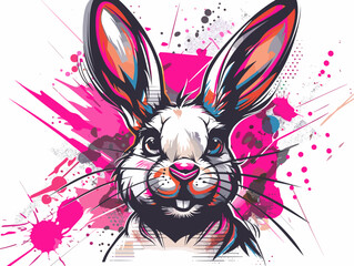 Wall Mural - vector flat illustration for t-shirt printing portrait of a cute hare on a paint splatter background