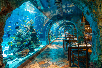 Aquarium fish tank tunnel corridor, seafood restaurant interior design, underwater marine sea theme