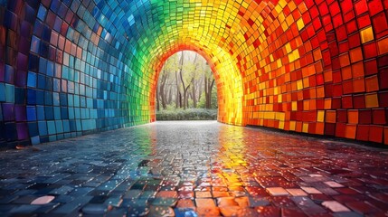 Wall Mural - A colorful tunnel made of tiles with a rainbow on the wall